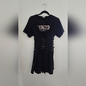KENZO Corset Black Cotton Logo Pleated Dress
